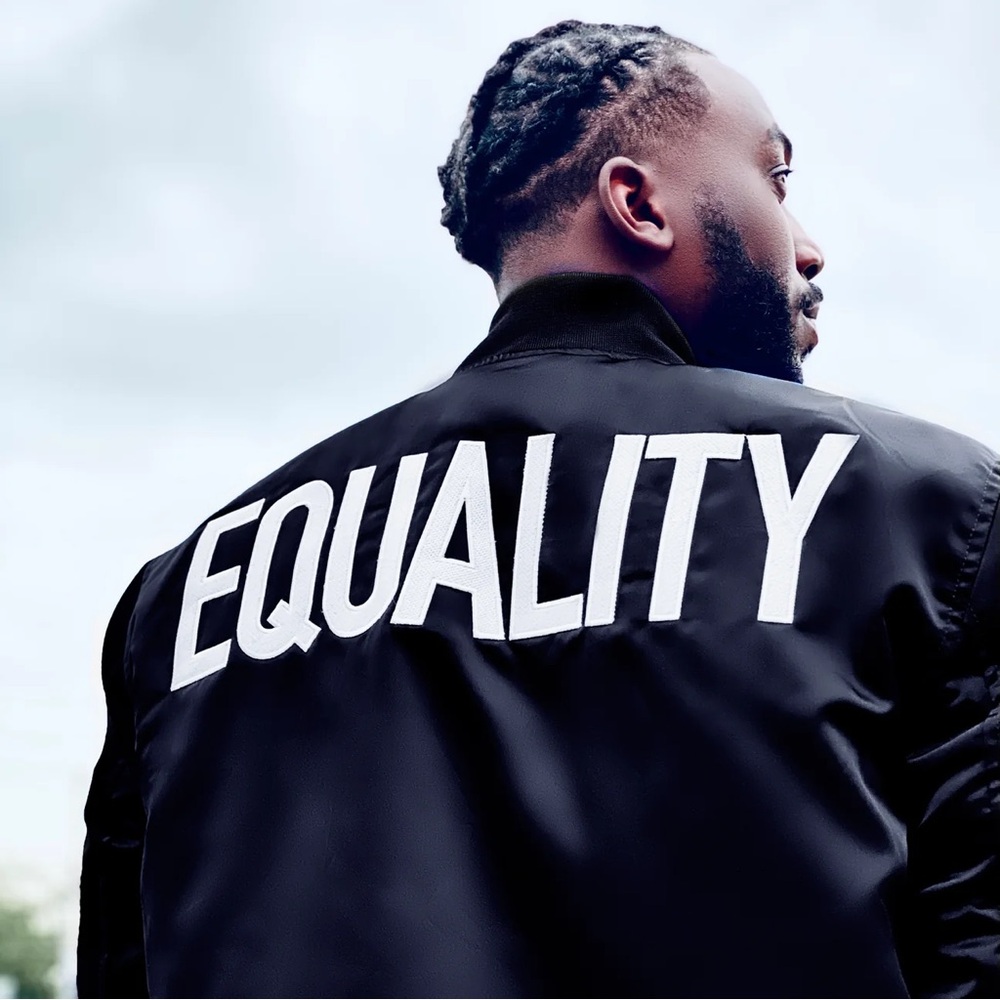 NWT Cool Creative EQUALITY Black Embroidered Satin Bomber Jacket